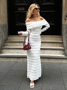 Forever 21 Women's Elegant Solid Color Off The Shoulder Fitted Dress - Apricot - View 5