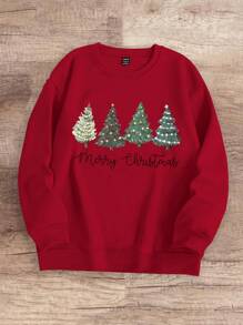 INAWLY Sudadera holgada de cuello redondo informal con decoración de árbol de Navidad con arcoíris y texto impreso, adecuada para primavera y otoño para ropa de Año Nuevo, tops de manga larga - Rojo - Ver 4