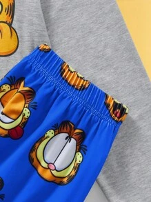 GARFIELD X SHEIN 2pcs Tween Boy Cartoon Cat Print Round Neck Long Sleeve T-Shirt And Pants Pajama Set, Suitable For Autumn/Winter