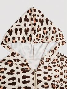 Flirla Plus Size Women Leopard Print Long Sleeve Zip-Up Hooded Jacket And Flared Pants 2 Pieces Set