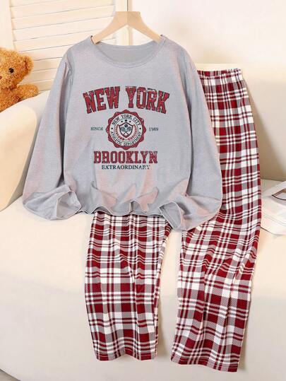 Explorewe Cozy Set Teenage Girls, Includes Bloemen Print Round Neck Long Sleeve Top Plaid Pants, able Com Tafel