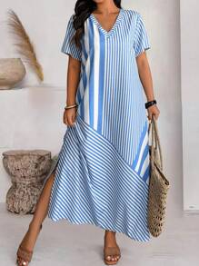 SHEIN LUNE Plus Size Women V-Neck Short Sleeve Loose Striped Splice Casual Dress