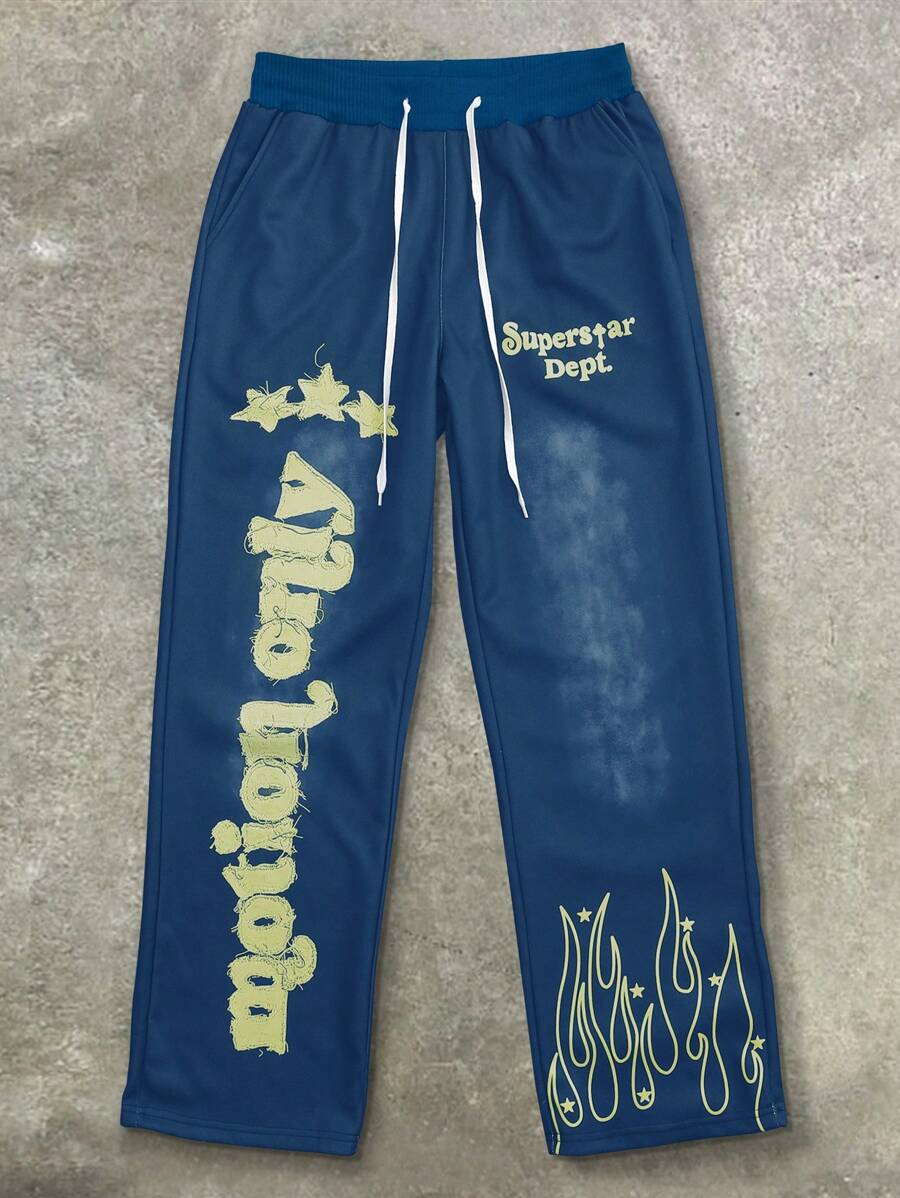 PAVTROS Men's Casual Letter Print Drawstring Waist Sweatpants - Blue - View 1