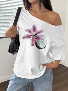 Flirla Women's White Oversized Asymmetrical Shoulder T-Shirt With 3D Lily And Coconut Print - White - View 3