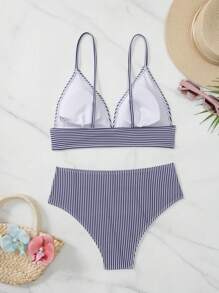 SHEIN Swim Holiday Beach Striped Bikini Set Summer - Blue and White - View 5