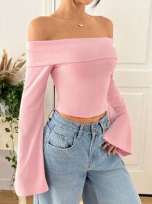 Muchica Women Off Shoulder Thermal Lining Warm Base Layer Top - Pink - View 5