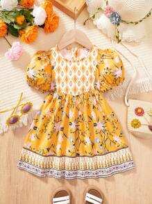 SHEIN Leap Crew Vestido de Verão com Estampa Floral para Meninas Bebê - Amarelo - Visão 7
