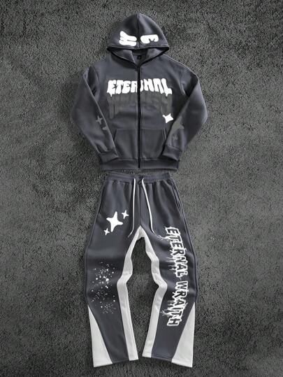 PAVTROS Manfinity Streetrush Men's Letter Print Hoodie & Sweatpants 2 Pieces Set Men Graphics Sweatsuits, Fall Clothes Winter