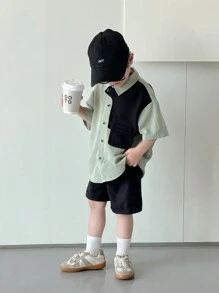 SHEIN Little Byeori 2 件年轻男孩休闲时尚舒适简约百搭宽松柔软短袖衬衫和短裤套装，适合春夏季、日常、运动、郊游、学校、聚会、节日、摄影、韩式