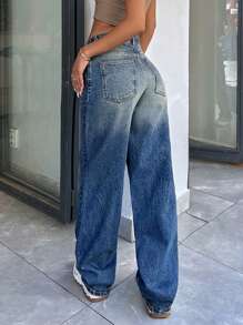 EURMUSE 100% Baumwolle einfarbige hohe Taille Vintage Waschung Gerade Jeans - Mittele Waschung - Übersicht 2