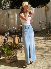 DAZY Women Summer Distressed Casual Loose Vintage Denim Skirt Jeans Skirt - Blue - View 6