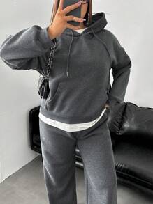 INAWLY Plus Size Women 2pcs Set Casual Loose Solid Color Drop Shoulder Long Sleeve Hoodie Sweatshirt And Pants, Autumn - Dark Grey - View 10