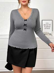 SHEIN Essnce 大码女式长袖T恤，蝴蝶结上衣，春季女装外出上衣，春装，女士节日情人节女士春季 - 深灰色 - 查看 1