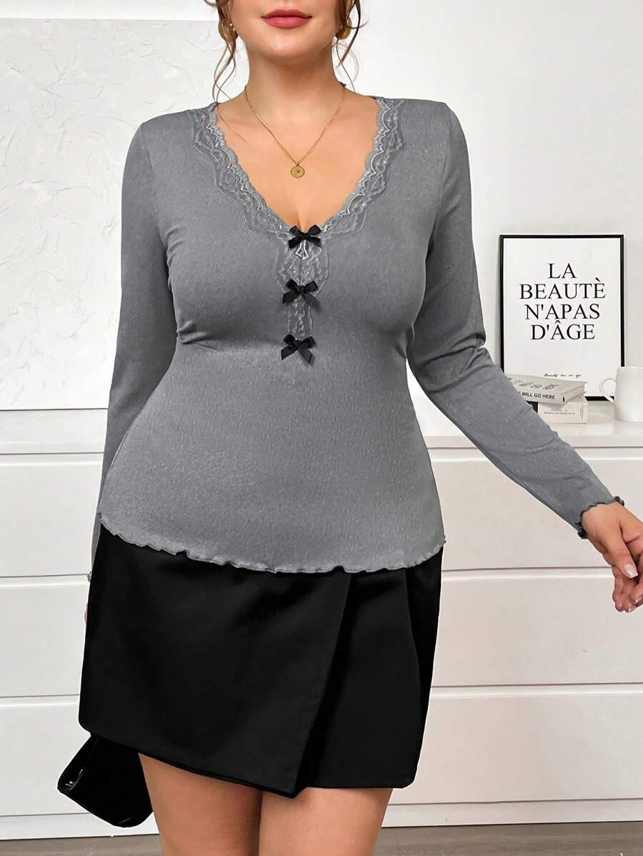SHEIN Essnce 大码女式长袖T恤，蝴蝶结上衣，春季女装外出上衣，春装，女士节日情人节女士春季 - 深灰色 - 查看 1