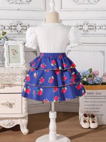 2 件套女婴休闲卡通印花泡泡袖上衣和全身印花花裙套装 - 白色 - 查看 2