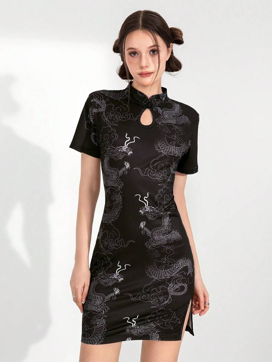 SHEIN Explorewe Y2K Cheongsam Retro Stand Collar Dragon Print Dress For Teenage Girls, Waist Cinched Slim-Fit Side Slit Skirt - Black - View 1