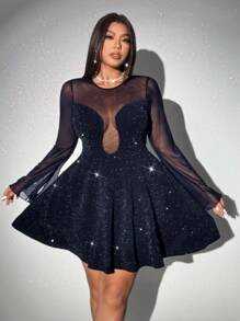 Viva Relle Vestido con volantes de talla grande para mujer con parches de malla y lentejuelas