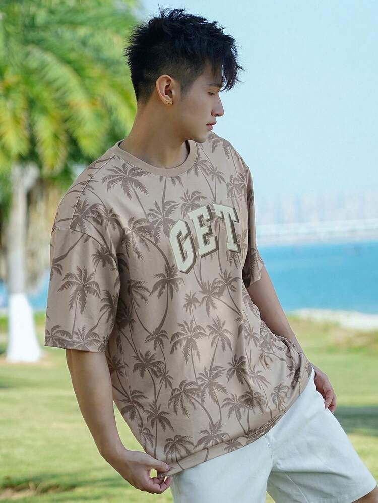 Men's Holiday Beach Coconut Tree & Letter Print Short Sleeve T-Shirt, Summer,Graphic Tees Vacation