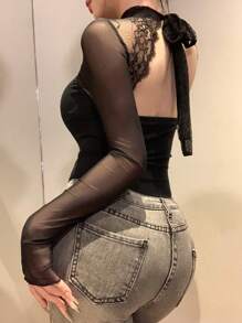 DAZY ملابس علوية نسائية بربطة خلفية من الدانتيل والتصميم المفرغ، مناسبة لعيد الحب، بأكمام طويلة، ملابس علوية خروج للنساء - الأسود - مشاهدة 2