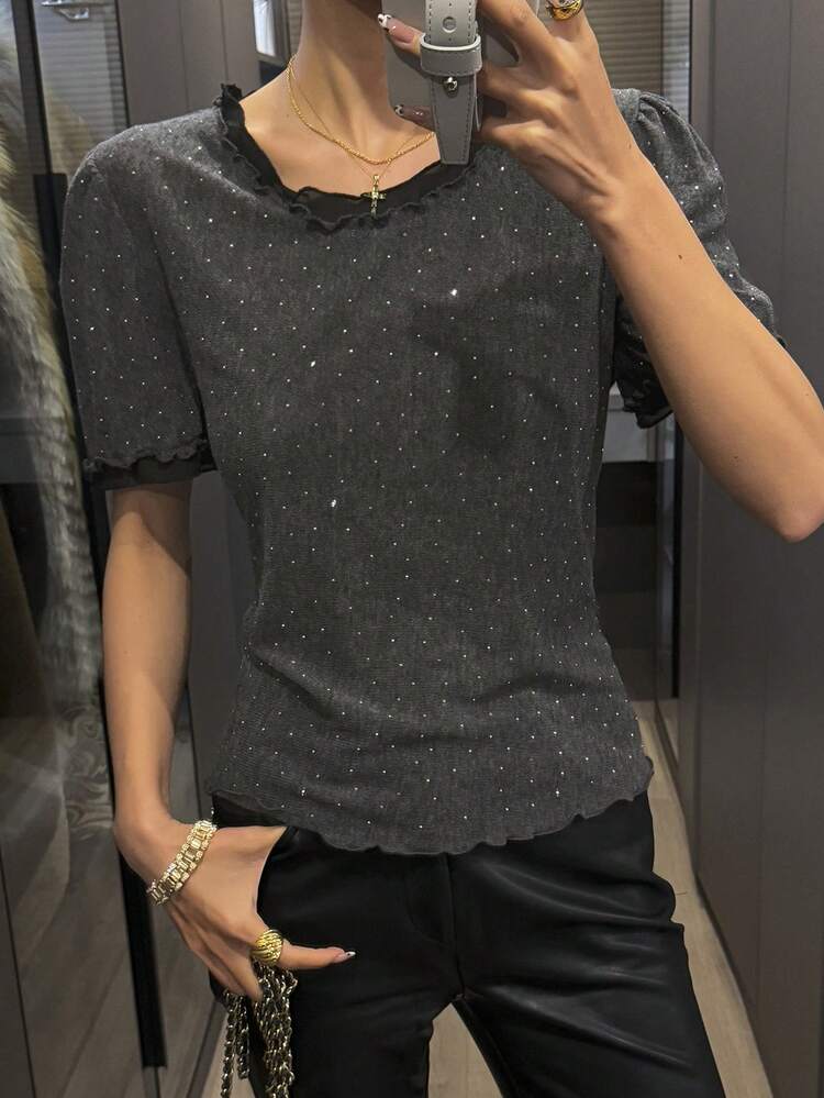Women's Ruffle Trim Round Neck Loose Short Sleeve T-Shirt Sequin