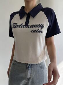 DAZY Loose Colorblock Patchwork Letter Print Graphic Street Style Women T-Shirt Summer,Crop Tops Women - Brown - View 6