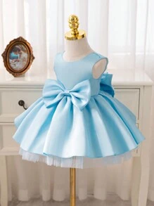 Glamorique Kids Váy công chúa lưới in hình ông già Noel màu trắng dự tiệc Giáng sinh cho bé gái, Váy phù dâu cưới màu trắng thanh lịch có nơ lớn đính cườm thủ công, Váy công chúa dự tiệc sinh nhật - Màu xanh lam - Xem 6