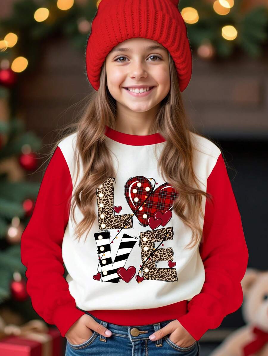 SHEIN Plaid Heart, Leopard LOVE Print, Red, Tween Girl Casual Loose Fit Crew Neck Comfy Long Sleeve Sweatshirt - Multicolor - View 1