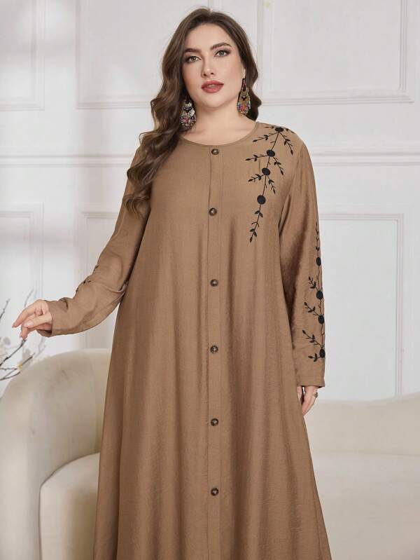 Lacomfia Damen Große Größen A-Linien Kleid mit Rundausschnitt, Stickerei, lässiger Schnitt, Unifarben, schlicht