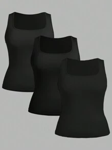 SHEIN Essnce Plus Size Women's Spring And Summer Fashion Casual Comfortable Daily Basic Slim Square Neck Wide Strap Top Suspenders Black 3 Packs, Going Out Tops, Summer Outfits, Curve Tops - Black - View 3