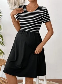 SHEIN Maternity Casual Striped Patchwork Nursing Dress - Black and White - View 4