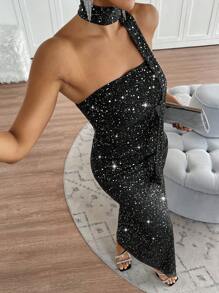 Chiquease 女士优雅两件套：银箔亮片褶皱抹胸上衣和半身裙套装 - 黑色 - 查看 5