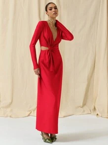 COSMINA Đầm thanh lịch hở vai cổ chữ V sâu tay dài cho nữ - Đỏ - Xem 6