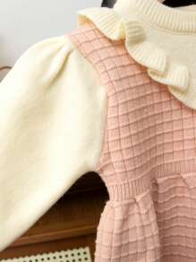 年轻女孩宽松休闲圆领拼色荷叶边蝴蝶结装饰毛衣连衣裙 - 粉色 - 查看 5