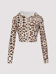 Flirla Plus Size Women Leopard Print Long Sleeve Zip-Up Hooded Jacket And Flared Pants 2 Pieces Set