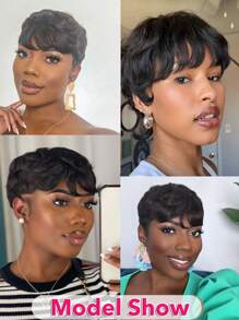 Korte Pixie Cut Wig Menselijk Haar Goedkoop Natuurlijke Golven Lijmloos Aan te Brengen & Te Gaan Menselijk Haar Pruiken Voor Vrouwen Dagelijks Gebruik Machinaal Gemaakt Natuurlijke Zwarte Kleur