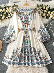 SHEIN Unity Court Retro  Plus Size Floral Print V-Neck A-Line Knee-Length Holiday Dress Fall Cloth For Women - Multicolor - View 2