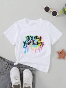 Young Girl Casual Cute Letter Print Round Neck Short Sleeve T-Shirt, Versatile For Daily Wear, Summer - White - View 1