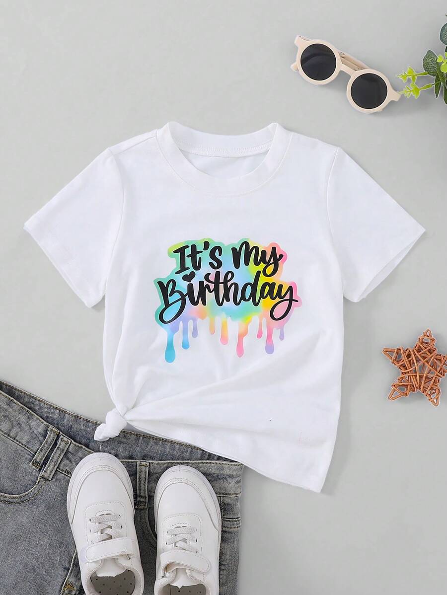 Young Girl Casual Cute Letter Print Round Neck Short Sleeve T-Shirt, Versatile For Daily Wear, Summer - White - View 1