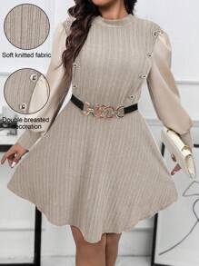 SHEIN Unity 大码纯色立领优雅工作服长袖连衣裙