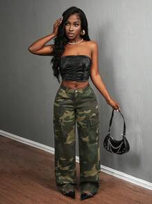 SHEIN Slayr Women's Cargo Pocket Casual Low Waist Camouflage Straight Leg Jeans