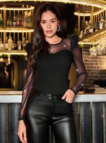 SHEIN Clasi Women's Party Glitter Mesh Patchwork Gigot Sleeve T-Shirt, Autumn/Winter