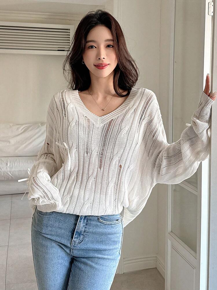 Women's Casual Solid Color V-Neck Bow Decor Long Sleeve Sweater, Autumn,Fall Women Clothes