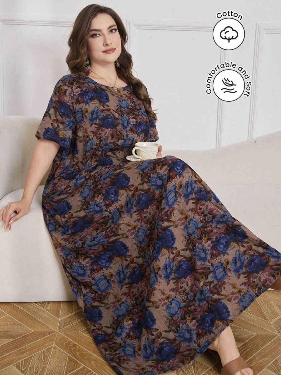 Lacomfia Vestido casual de talla grande de manga corta, corte holgado, estampado floral, para primavera/verano - Multicolor - Ver 1