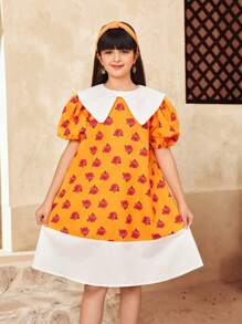 SHEIN Tween Girls Loose Casual Colorblock Collared Pearl Decor Puff Sleeve Dress