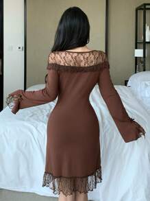 DAZY Semi-Sheer Romantic Lace Patchwork Pleated Design Open Front Slim Fit Nightgown Pajama, Fall - Brown - View 2