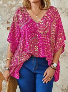 Blusa de manga de murciélago con estampado floral todo sobre para talla grande de verano