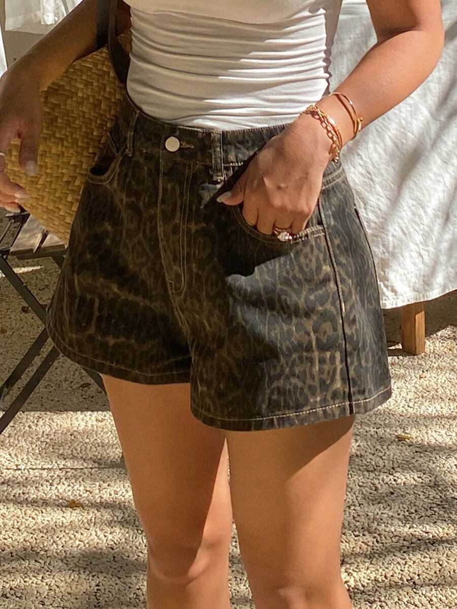 DAZY Women's Loose Casual Leopard Print Denim Shorts, Summer - Brown - View 1