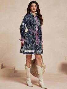 Almamuse Vestido ajustado de manga larga con estampado floral y volantes en el dobladillo para mujer - Azul - Ver 3