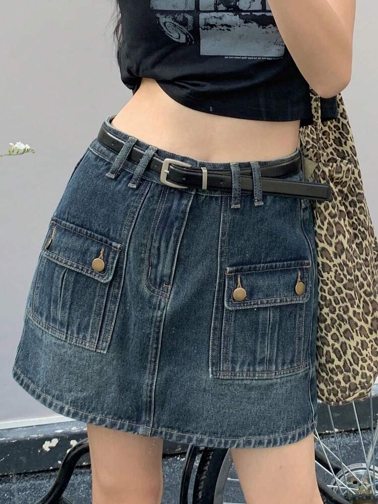 Women's Denim Cargo Pockets Short Casual Skirt Jeans Skirt