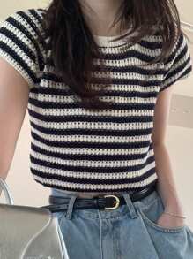 DAZY Women Colorblock Round Neck Short Sleeve Knit Top, Black And White, Spring/Summer - Black and White - View 1